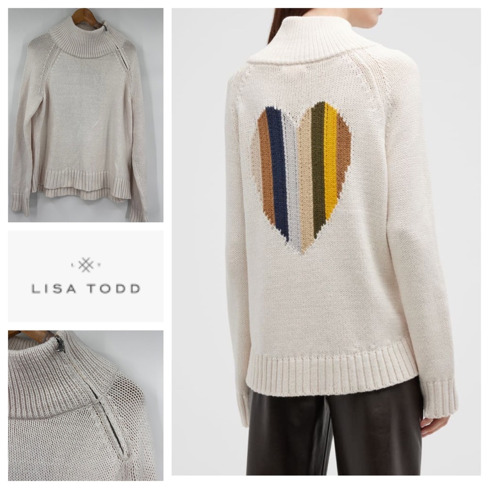 Anthropologie Lisa Todd Love Is Back Cream Heart Patch Mock‎ Neck Zip Sweater  M